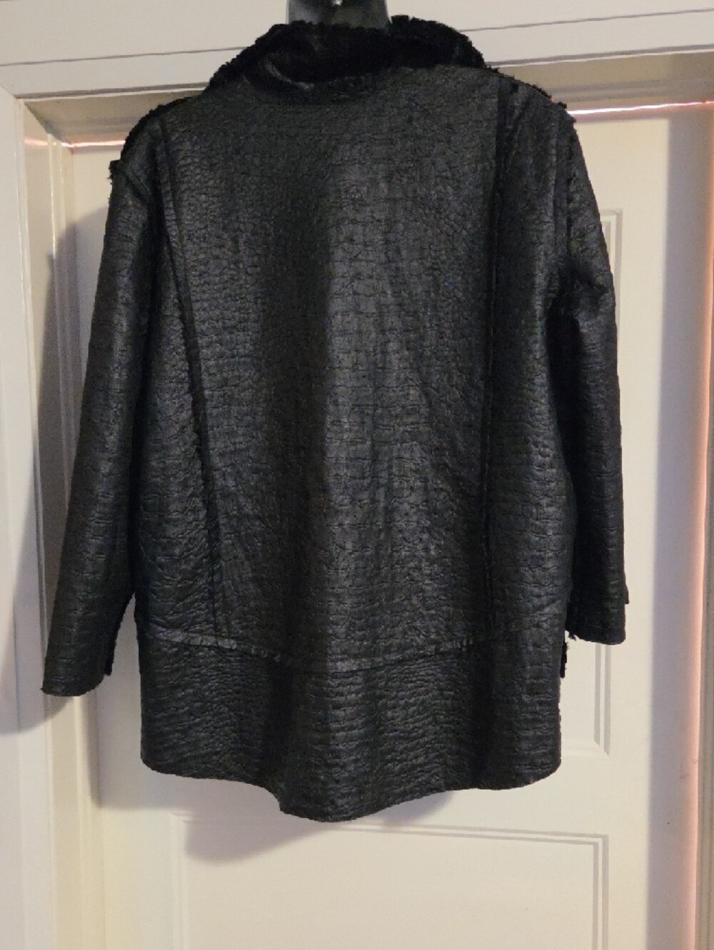 Joseph Ribkoff Black Textured Faux-Leather Jacket with Plush Collar - Picture 9 of 16